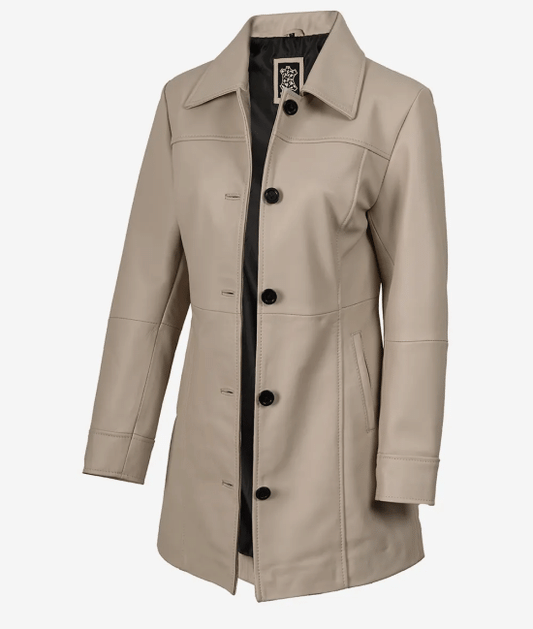Women's Biege Real Leather Car Coat