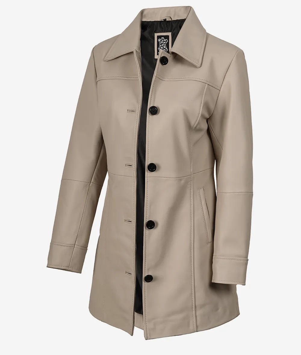 Women's Biege Real Leather Car Coat