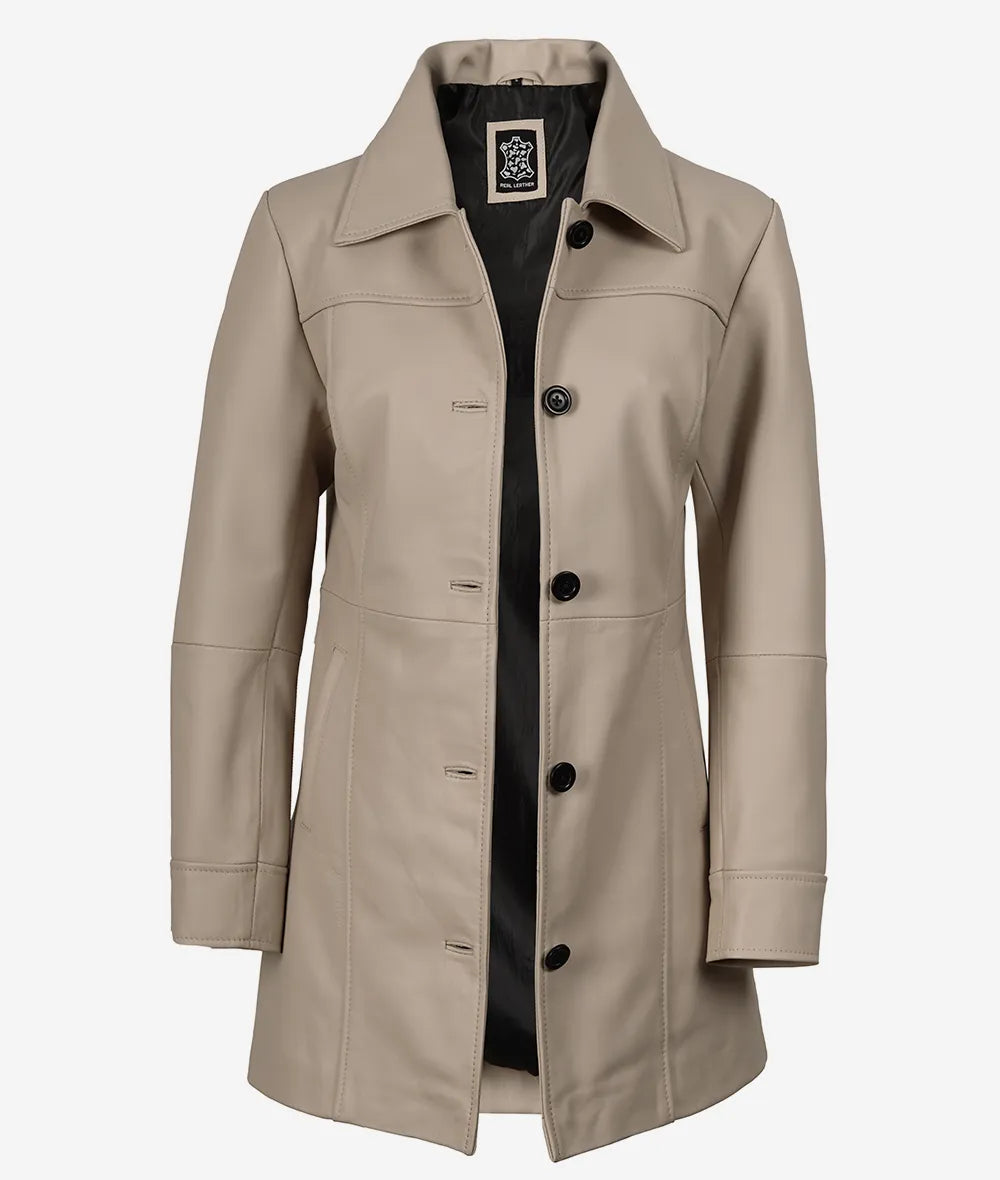 Women's Biege Real Leather Car Coat