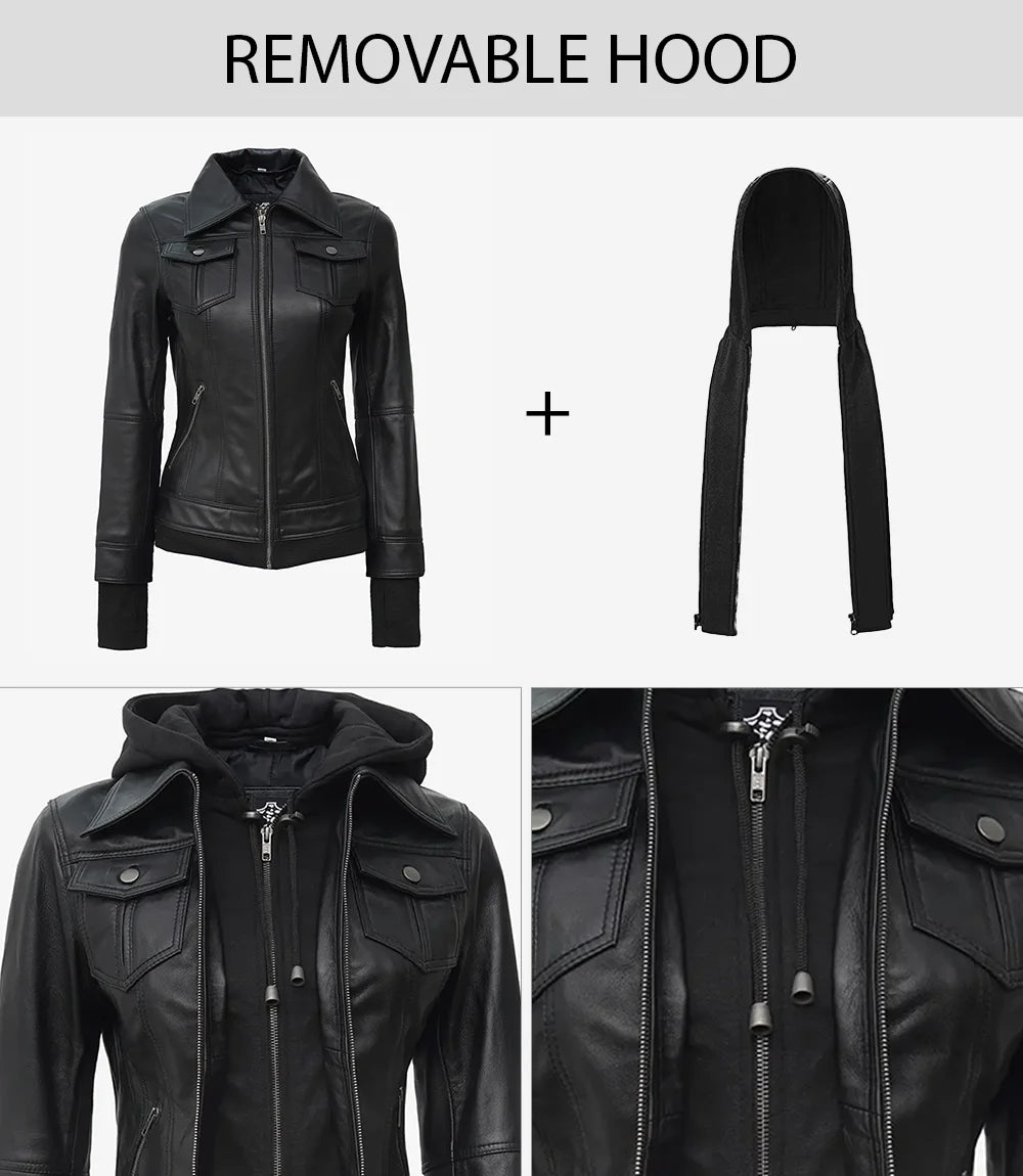 Women's Black Hooded Leather Jacket — Removable Hood, Thumbhole Sleeves