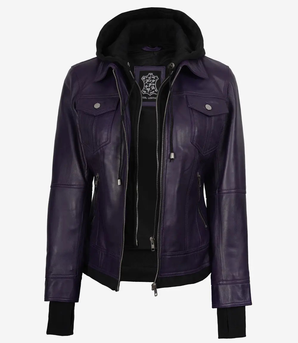 Women's Purple Hooded Leather Jacket — Removable Hood, Thumbhole Cuffs