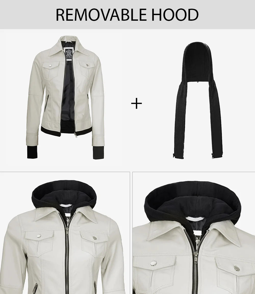 Women's Bomber Off White Leather Jacket with Removable Hood