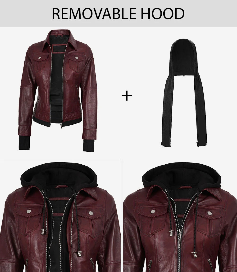 Women's Burgundy Hooded Leather Jacket