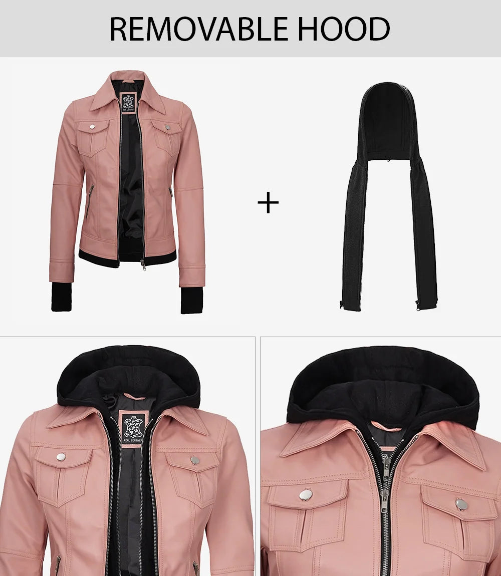 Tralee Women's Bomber Pink Real Leather Jacket with Hood