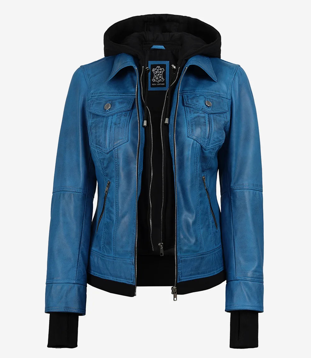 Women's Vivid Blue Lambskin Jacket - Detachable Hood with Thumbholes