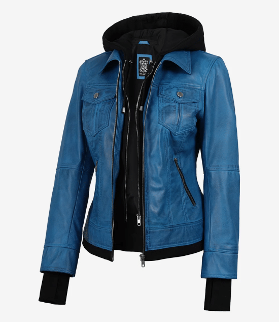 Women's Vivid Blue Lambskin Jacket - Detachable Hood with Thumbholes