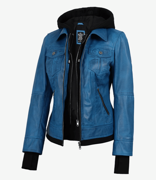 Women's Vivid Blue Lambskin Jacket - Detachable Hood with Thumbholes