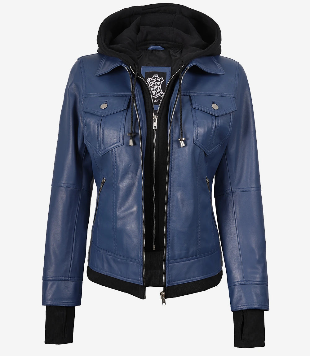 Women's Blue Real Leather Bomber Jacket with Removable Hood