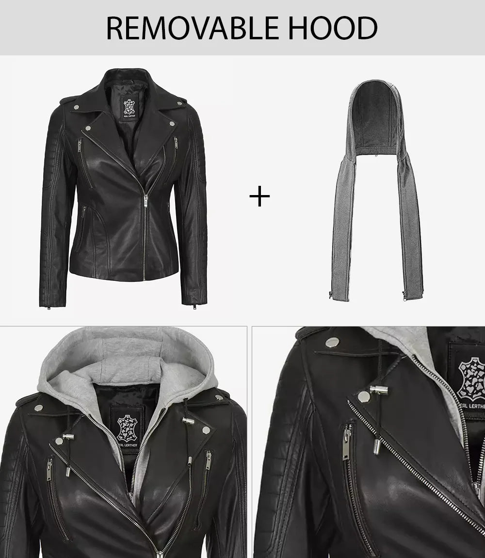 Women Black Biker Real Leather Jacket — Removable Hood