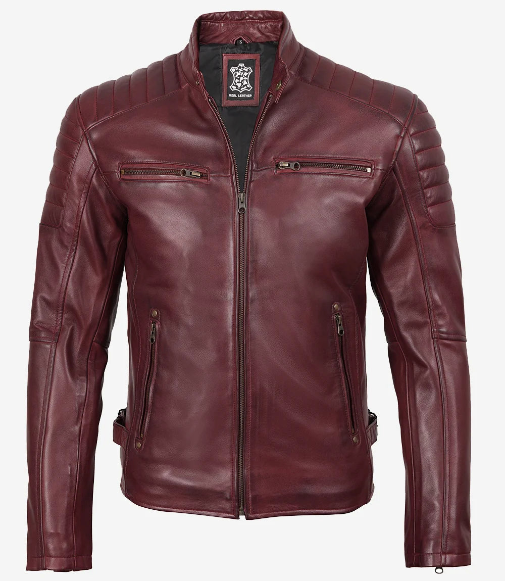 Burgundy Cafe Racer Real Leather Jacket for Men