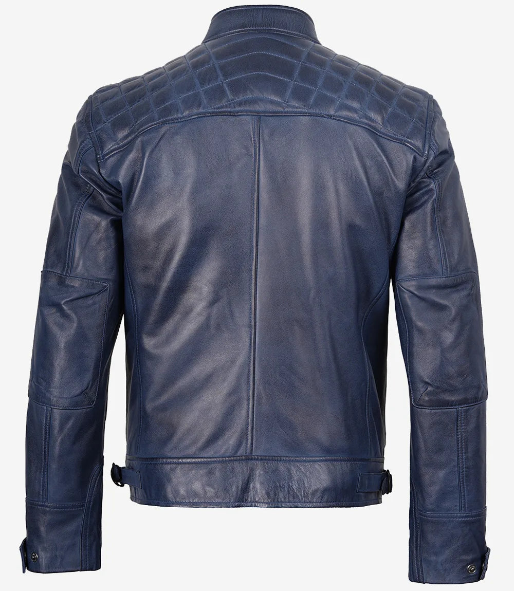 Men's Leather Blue Cafe Racer Biker Fashion Jacket