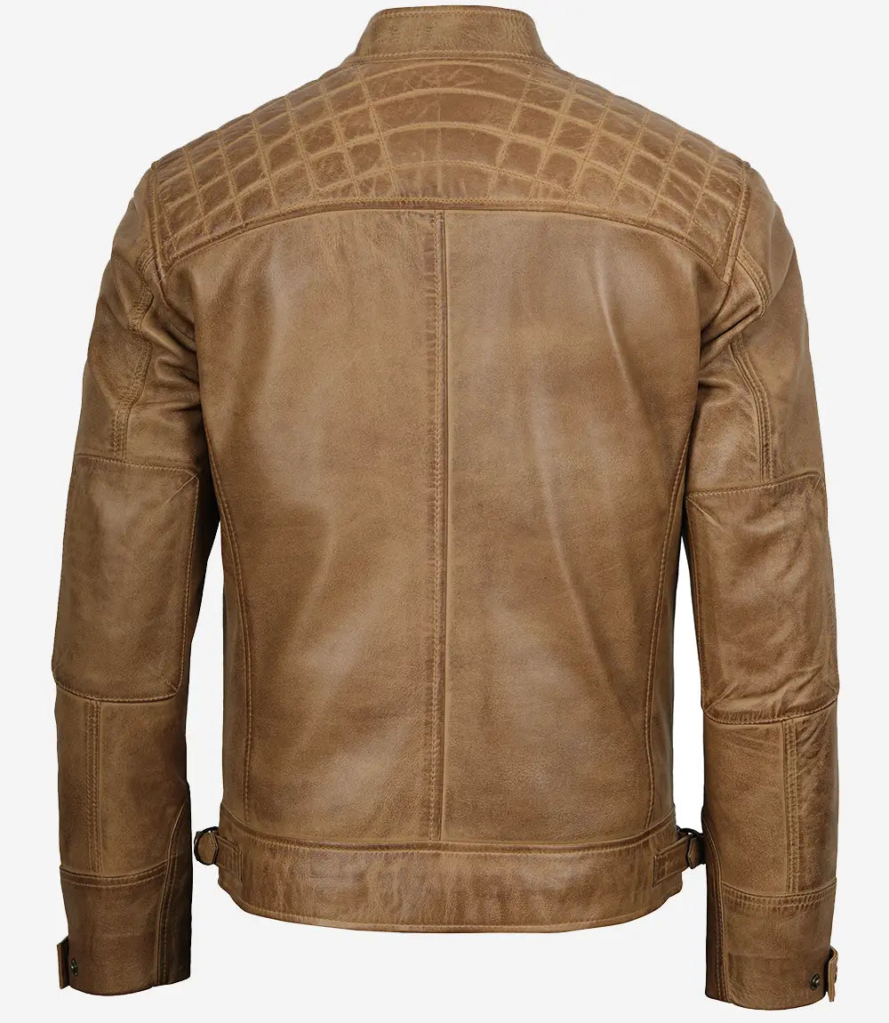 Men’s Waxed Camel Brown Cafe Racer Leather Jacket