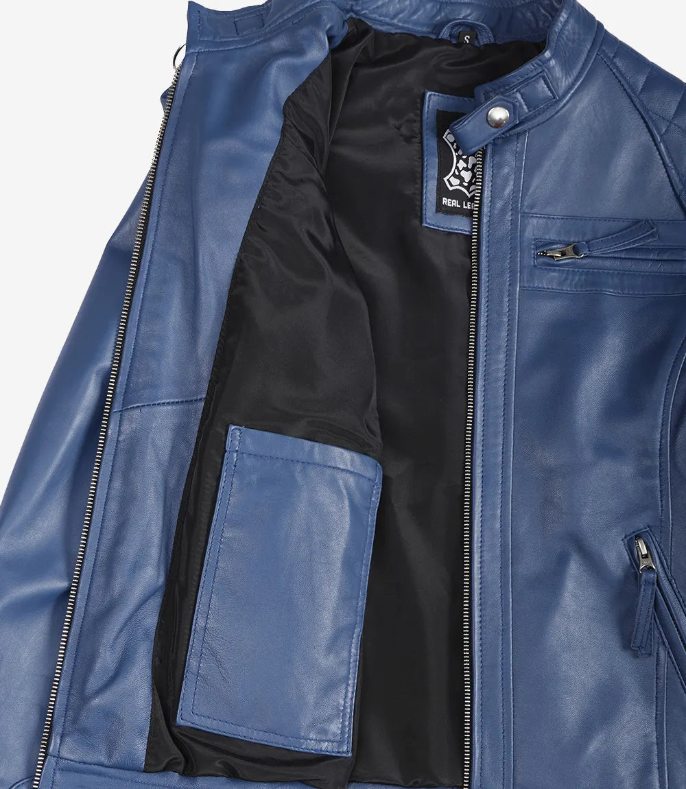 Women Blue Diamond Cafe Racer Real Leather Jacket