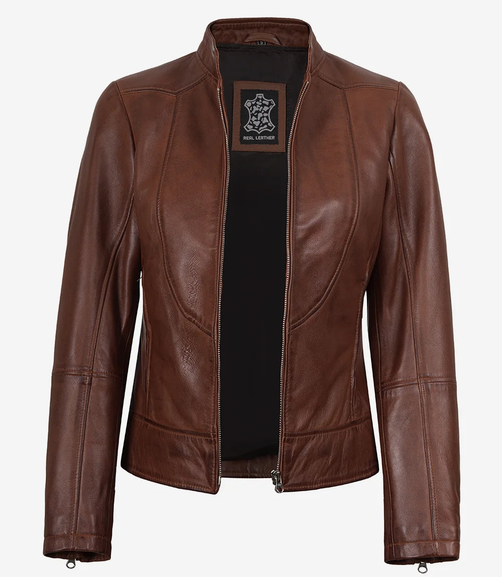 Women's Vintage Cafe Racer Cognac Brown Leather Jacket