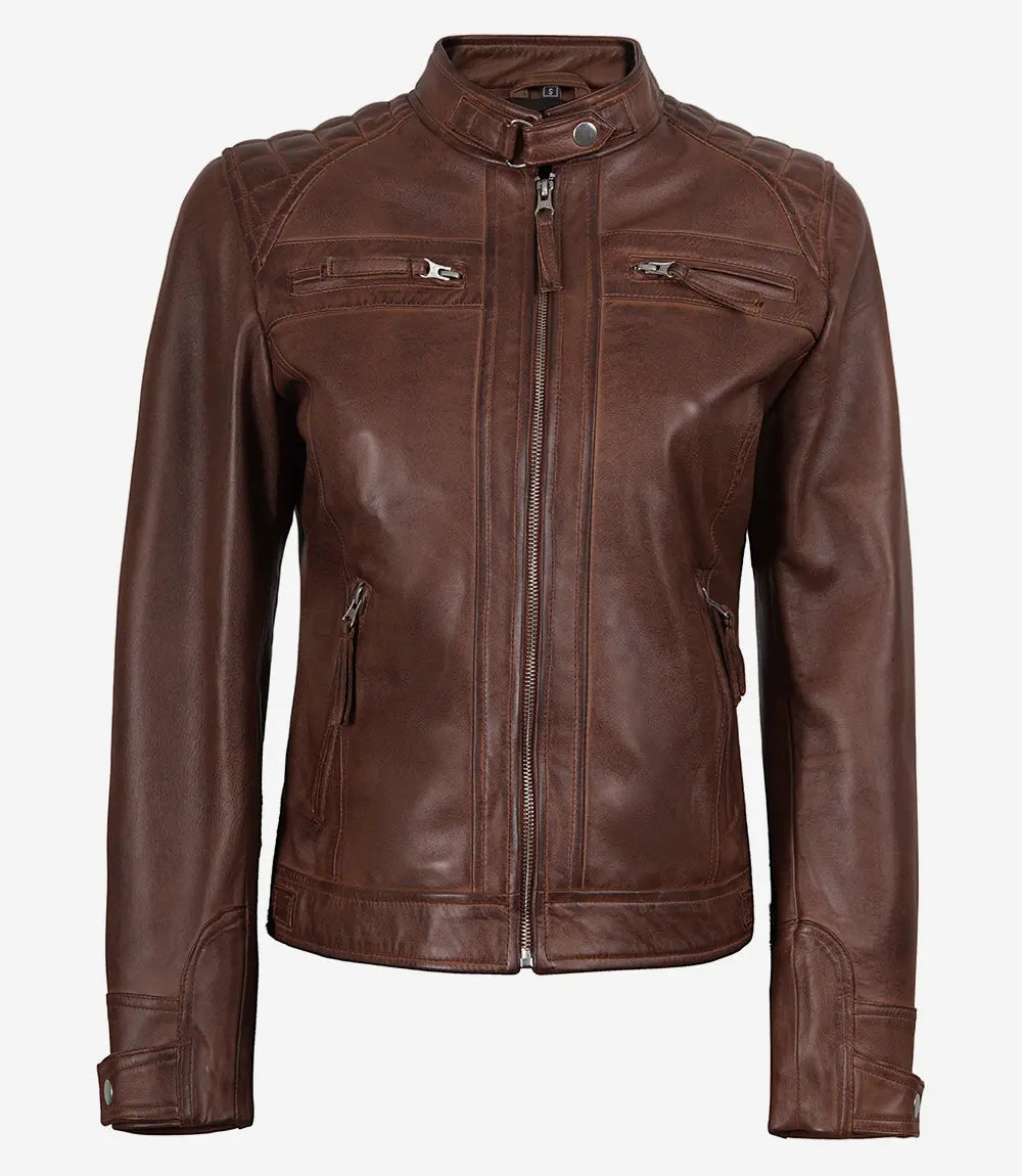 Women Cognac Quilted Cafe Racer Leather Jacket