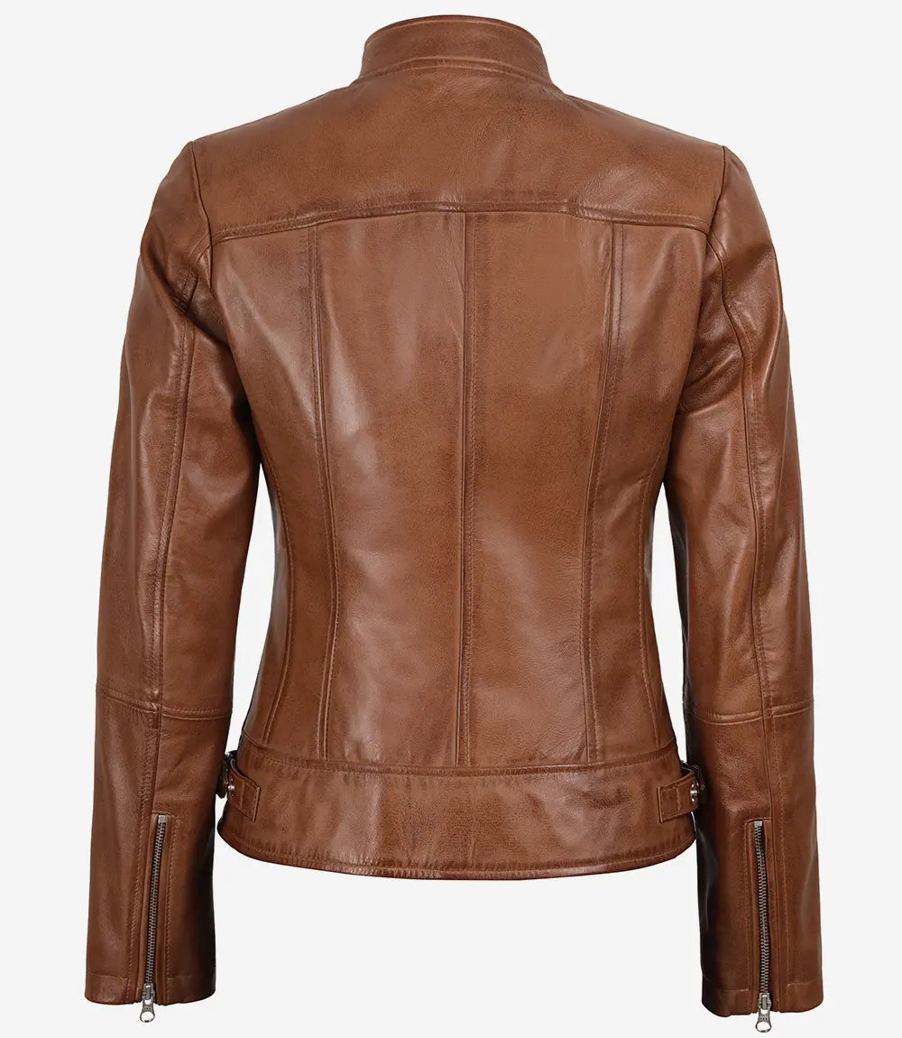 Women's Tan Brown Lambskin Leather Cafe Racer Jacket