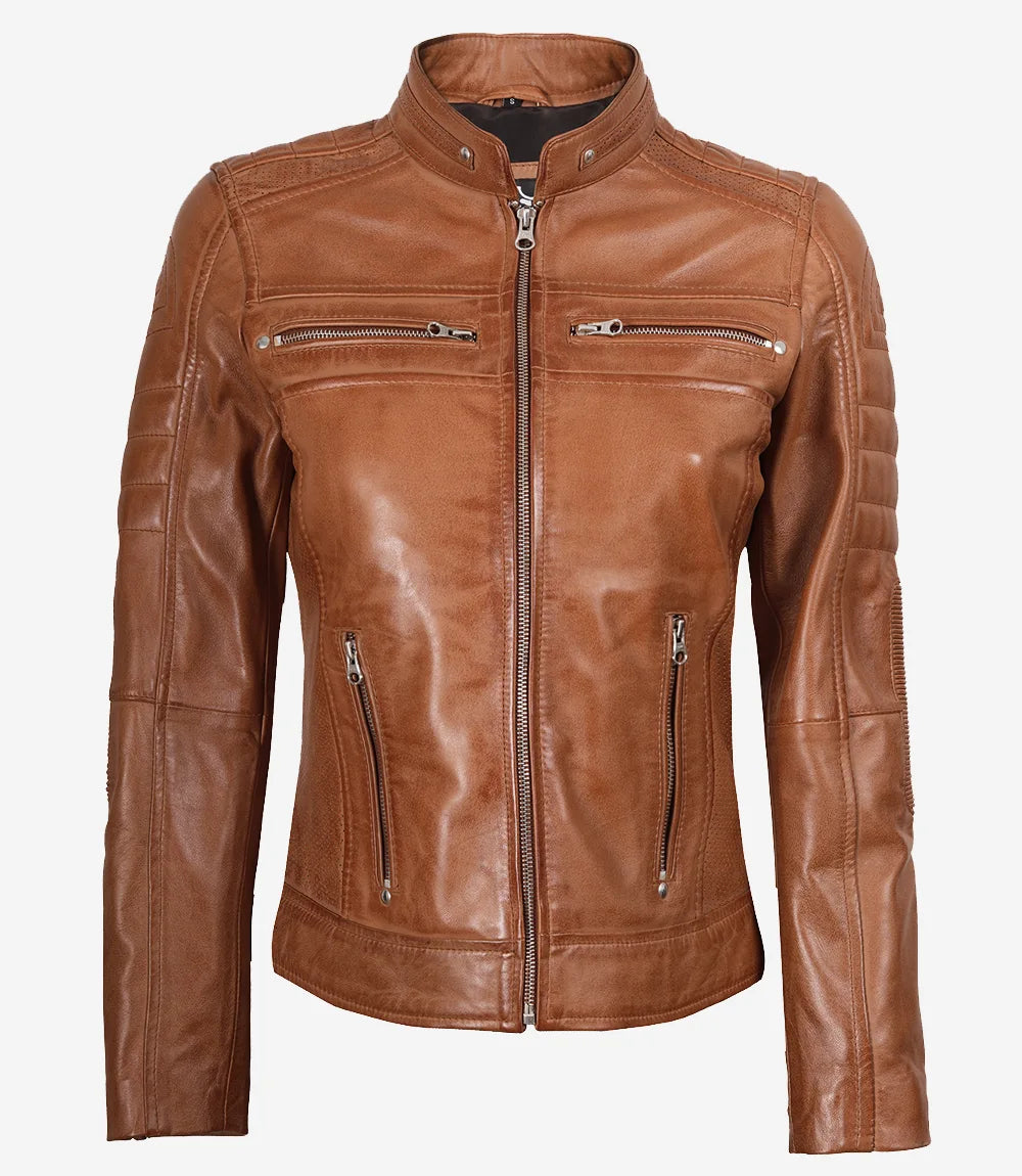Women's Tan Brown Cafe Racer Leather Jacket