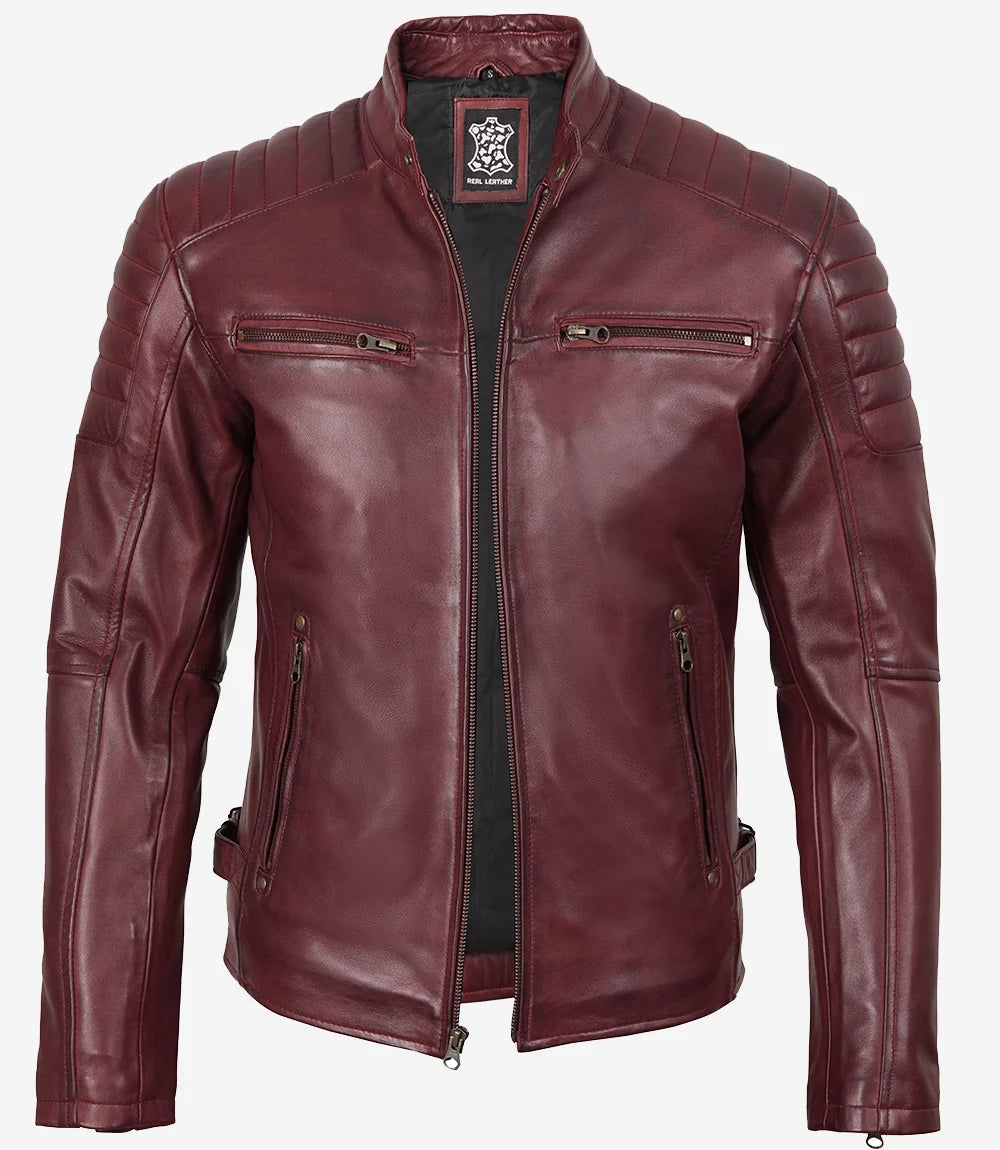 Burgundy Cafe Racer Real Leather Jacket for Men