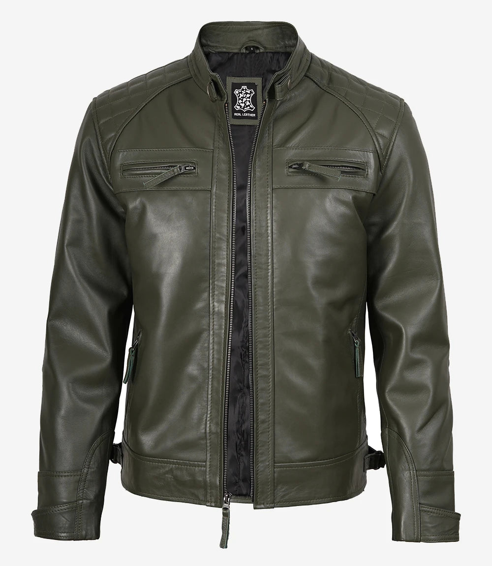 Men's Olive Green Real Leather Cafe Racer Jacket