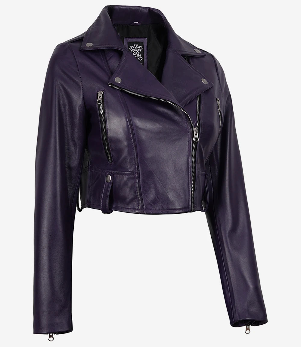 Women's Cropped Purple Biker Style Real Leather Jacket