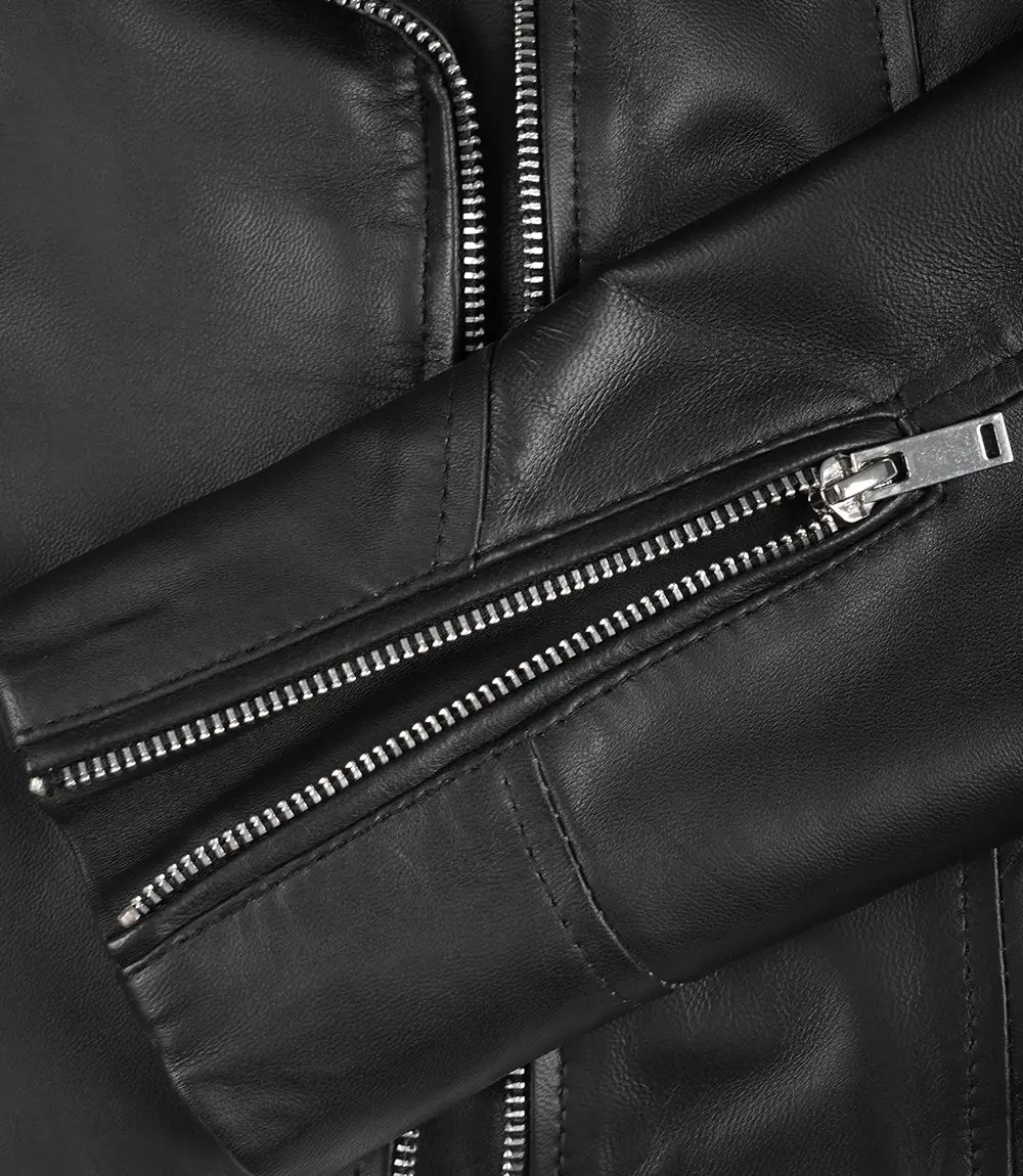 Women's Black Real Leather Biker Jacket — Asymmetric