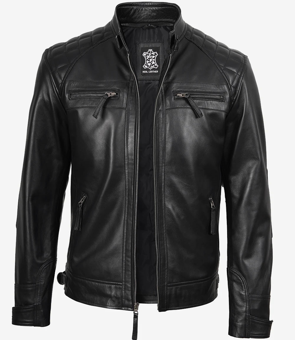 Tall Diamond / Quilted Men's Black Cafe Racer Biker Fashion Jacket