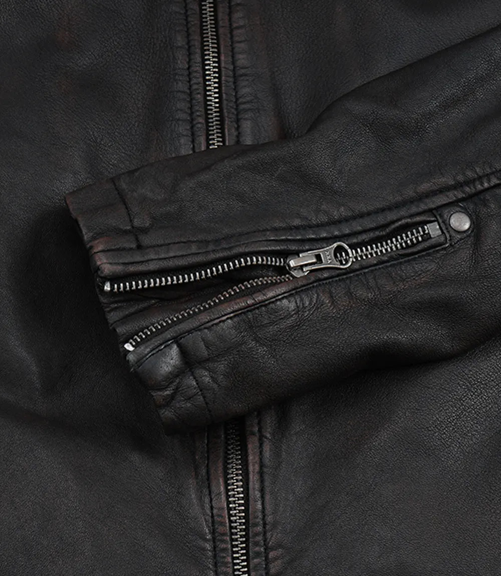 Men's Maroon Distressed Black Washed Biker Leather Jacket