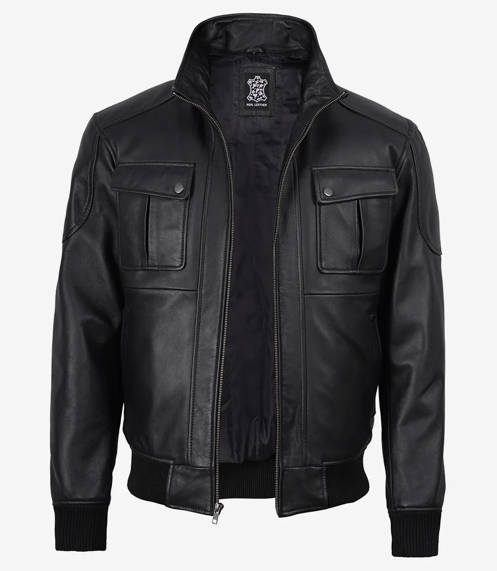 Men's Black Real Leather Bomber Jacket with Detachable Hood