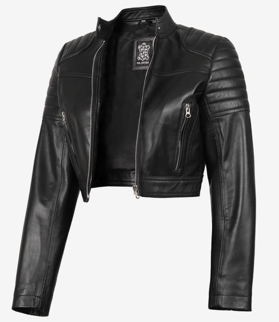 Black Cropped Leather Jacket Womens