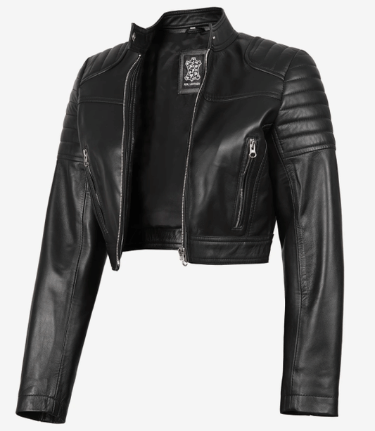 Black Cropped Leather Jacket Womens