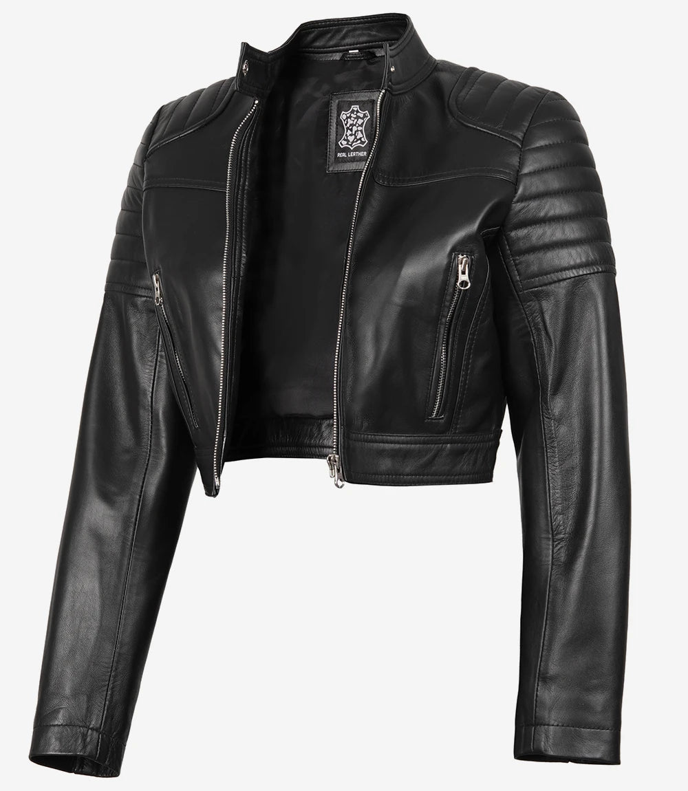 Black Cropped Leather Jacket Womens