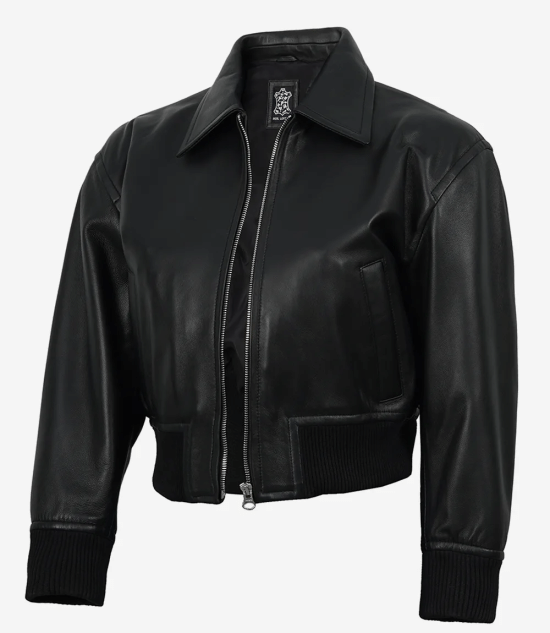 Women's Black Drop Shoulder Cropped Bomber Jacket — Shirt Collar Style
