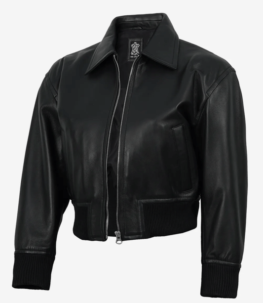 Women's Black Drop Shoulder Cropped Bomber Jacket — Shirt Collar Style