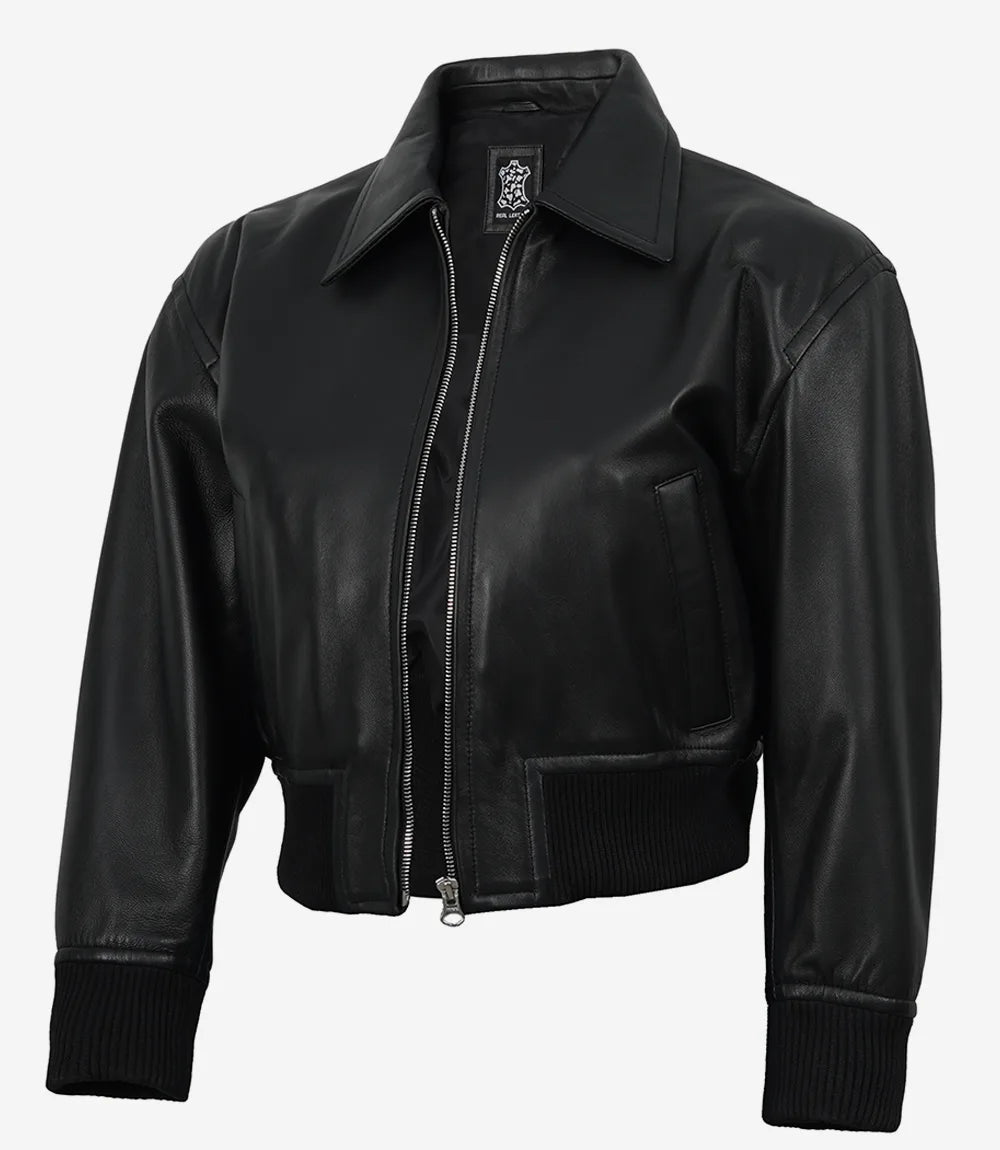 Women's Black Drop Shoulder Cropped Bomber Jacket — Shirt Collar Style