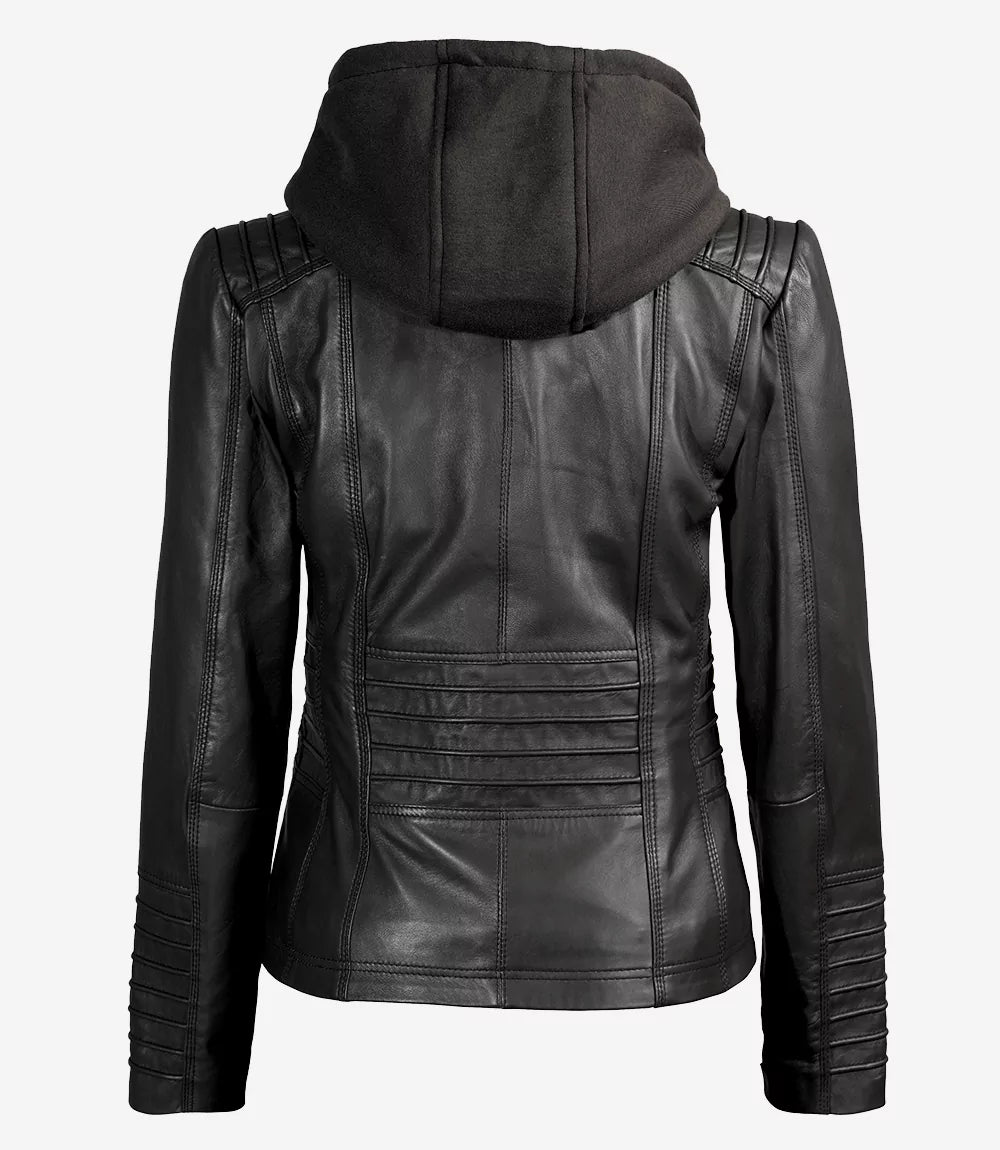 Women's Black Real Leather Jacket — Removable Hoodie