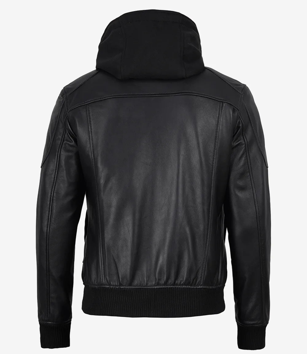 Men's Black Real Leather Bomber Jacket with Detachable Hood