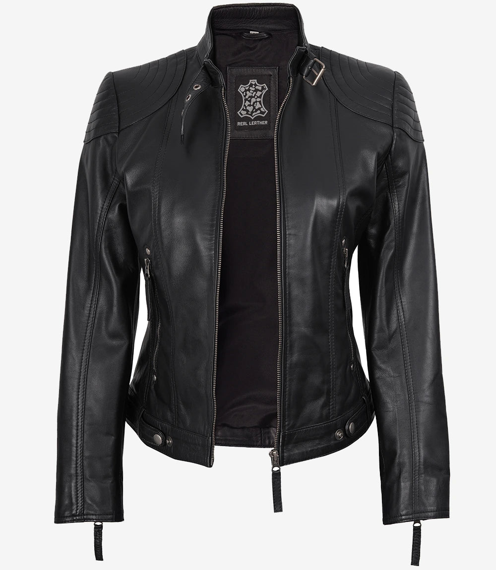 Women's Black Real Leather Jacket With Removable Hood