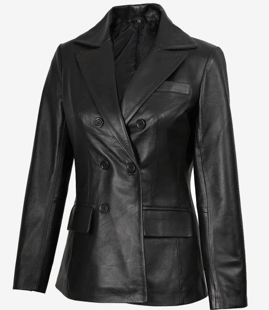 Women Black Double Breasted Leather Blazer Jacket
