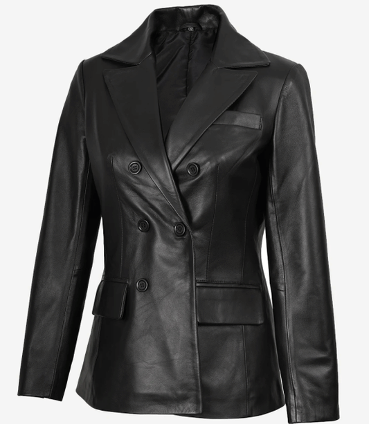 Women Black Double Breasted Leather Blazer Jacket