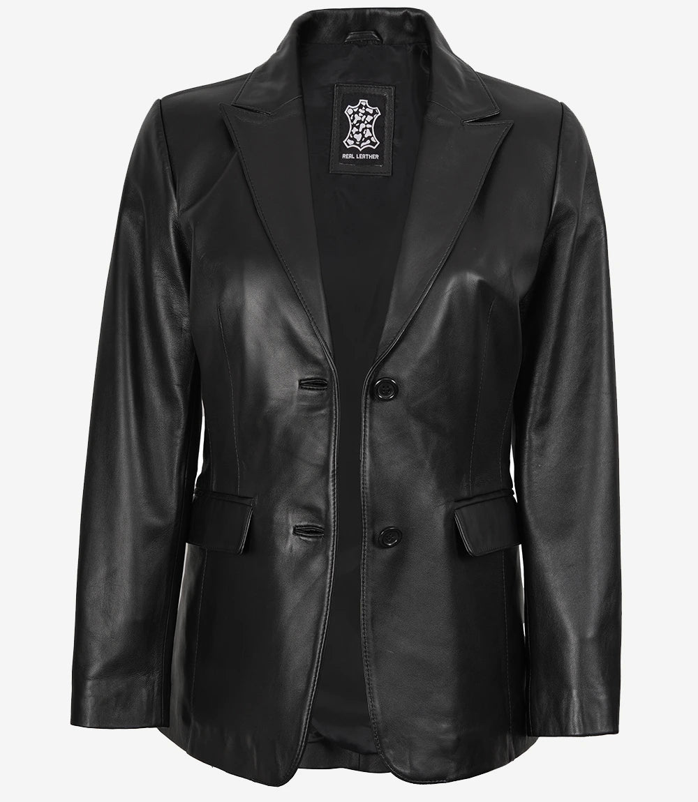 Women's Two Button Black Real Leather Blazer