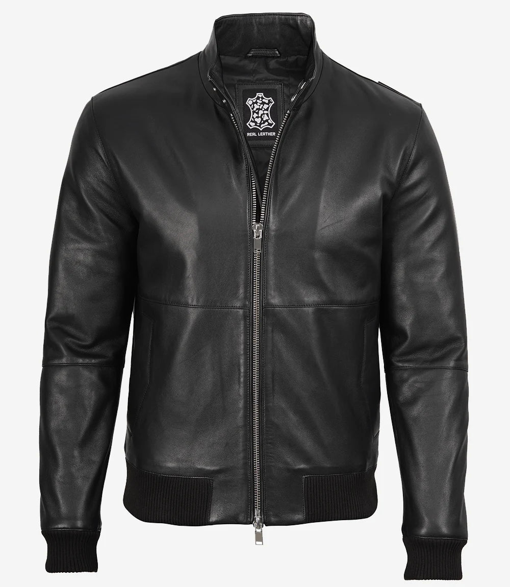 Men's Black Lambskin Leather Bomber Jacket