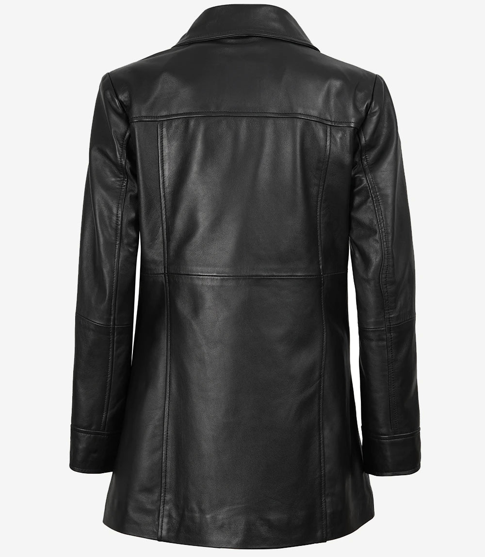 Womens Real Black Leather Coat — Mid-Length Style