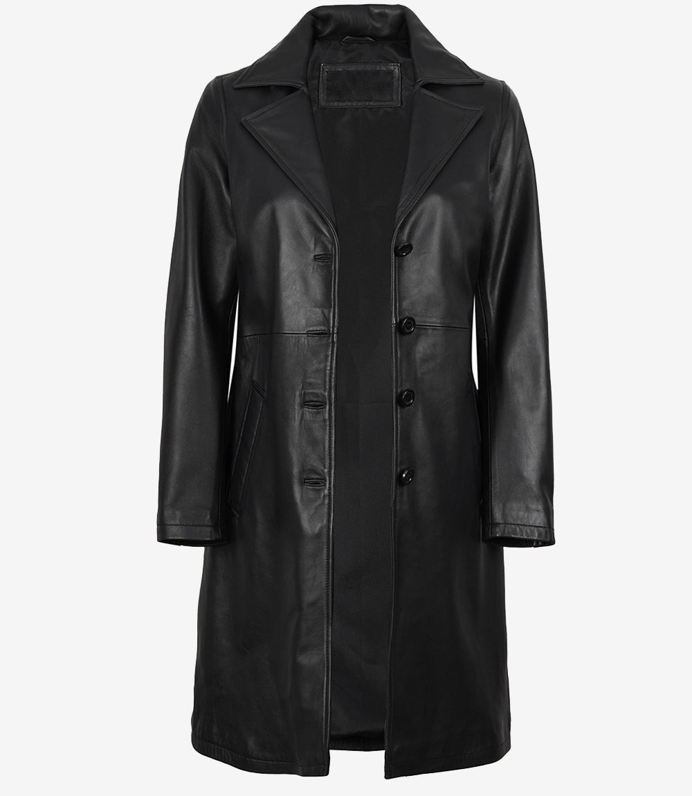 Women Black Real Leather Coat — Buttoned Down Coat