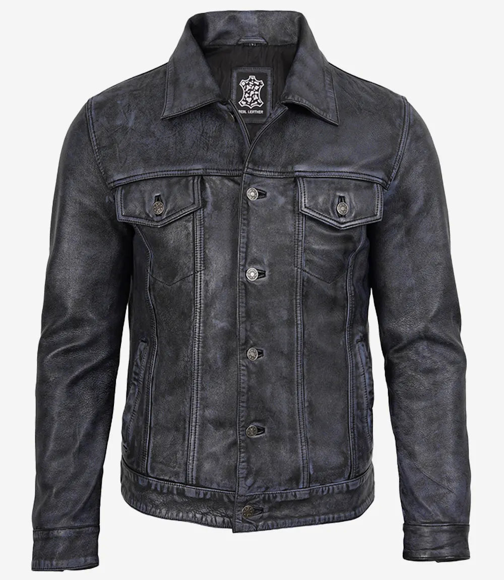 Men’s Black Real Leather Trucker Jacket | Washed Distressed Leather
