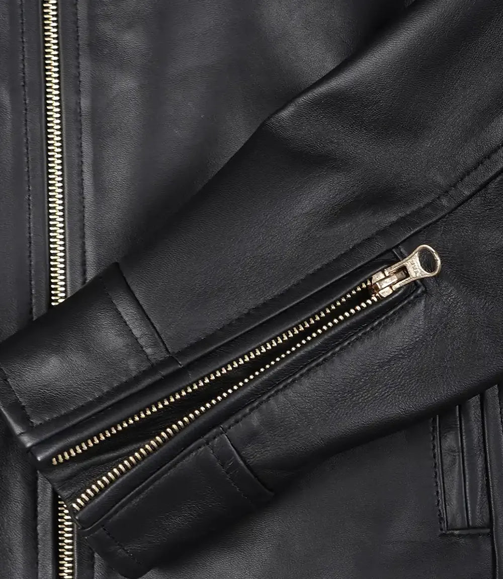 Women’s Black Biker Leather Jacket with Golden Accents