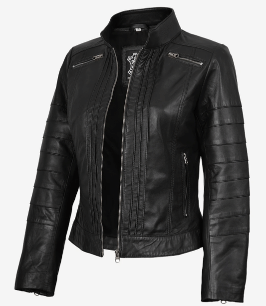 Women's Black Real Leather Cafe Racer Jacket