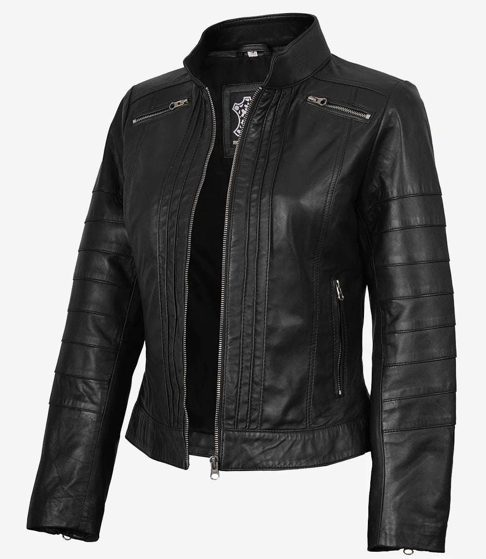 Women's Black Real Leather Cafe Racer Jacket