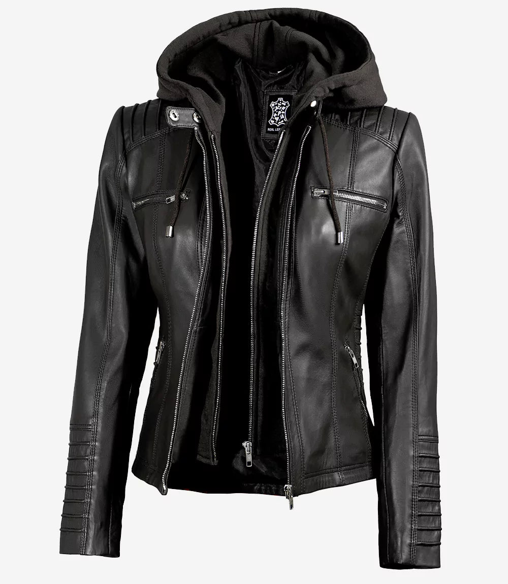 Women's Black Real Leather Jacket — Removable Hoodie