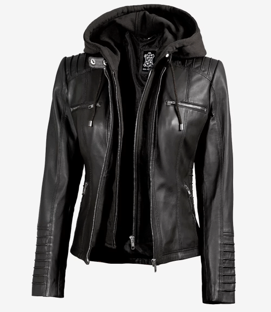 Women's Black Real Leather Jacket — Removable Hoodie