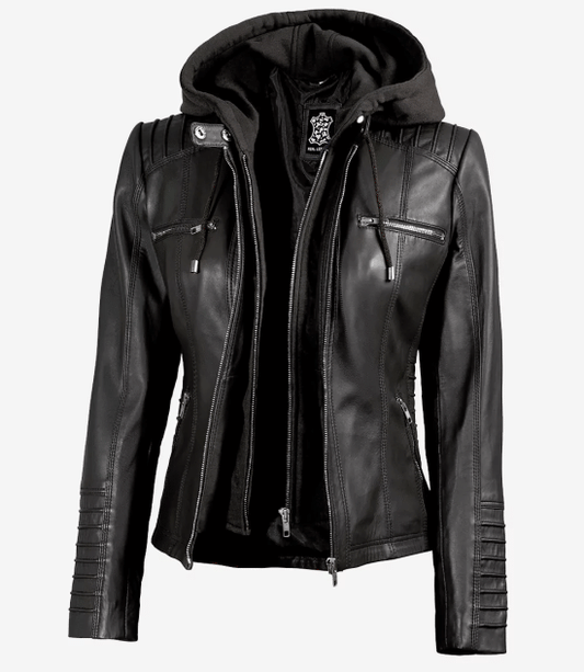 Women's Black Real Leather Jacket — Removable Hoodie